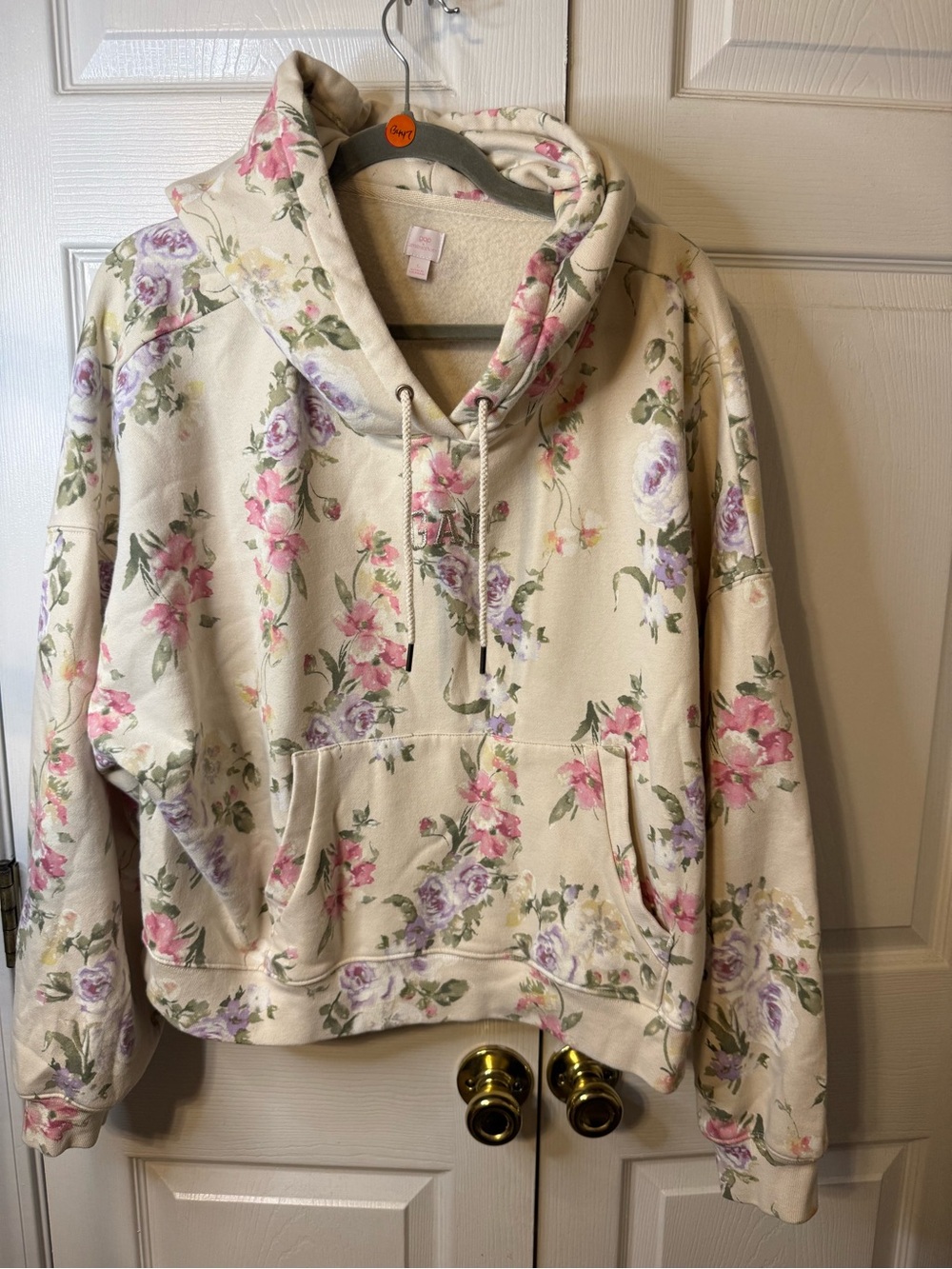 GAP Loveshack Fancy Cream Floral Cowl Hoodie with Pink & Lavender Blooms